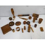 Treen to include Mauchline ware, a card case, a needle case with John Knox's house, boxes, napkin