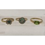 Three 9ct gold rings, one set with possibly a green tourmaline, one set with green pave stones and