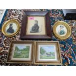 A group of 19th century miniature portraits and a pair of oil paintings miniatures of Donkeys, to