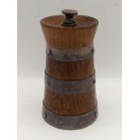 An Edwardian silver bound and oak pepper grinder of milk churn form by Hukin & Heath, hallmarked