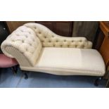 A reproduction beige upholstered chaise longue on four cabriole legs, 74.5cm h x 92.5cm w Location: