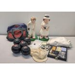 A mixed lot to include a Bowls Sport sculptures/large figurines of a lady and one of a man along