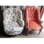 Two armchairs to include a Victorian button back upholstered armchair in a carved walnut frame