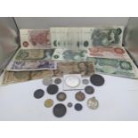 A mixed coins and banknotes to include a USA 1882 'Morgan Dollar' George IV 1822 Silver Maundy one