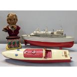 Mixed tinplate toys to include a Rosko bartender, a Hornby Meccano speedboat and a model of a boat