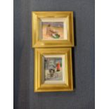 Two oils on board by David Aldus in gold coloured frames, one depicting a lady sitting on a beach