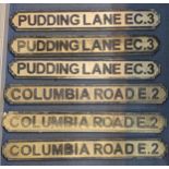 A group of mid 20th century reproduction wooden London street signs, compromising of three Pudding