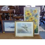 Two aeroplane prints, one of a Vulcan flying over the countryside, bears signatures and a
