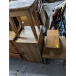 A Victorian pine plank side cupboard of small proportions 77cm x 38cm x 39cm, two small pine stools,
