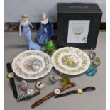 A mixed lot to include Doulton figures, Bramley Hedge, enamel egg on a gilded stand, watches and