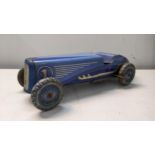 A Mettoy Tinplate clockwork model of a racing car in blue, No1 Location: