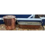 A 19th century large French copper stockpot 29.5h x35w together with a copper fish kettle Location: