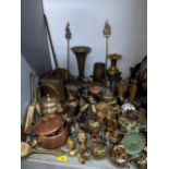 A box of miscellaneous brass and copper vase to include jugs a copper kettle and other items