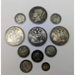 Victorian silver coinage to include 1845 crown, 1887, 1888 and 1895 crowns, 1887 shilling and four