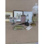 A Mixed lot to include a brass inkwell stand, a brass and floral oil lamp, vintage hole punch and