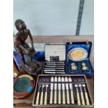 A set of 6 cased silver handled butter knives together with mid 20th Century fish knives and