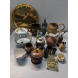 A mixed lot to include an oak tea canister, mixed studio pottery, Goebel stark and other items