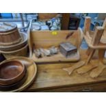 A mixed lot of pine milking stools, a bookstand, and other wooden wares to include a turned elm