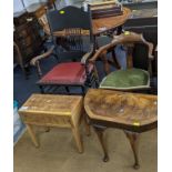 Mixed furniture to include an Edwardian armchair, oyster veneered side table and other items