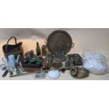 A mixed lot to include a coal bucket, silver plated condiment set with stand, cutlery, copper