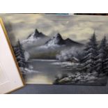 Three pictures, an oil canvas depicting a winter scene with a frozen lake and snow covered