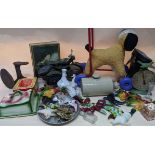 A mixed lot to include a Chad Valley push-a-long dog, cased binoculars, cheese dish, scales and