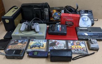 A selection of mainly electrical items to include a Walkman, cameras, Playstation, one console