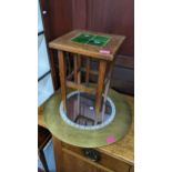 An Arts & Crafts Liberty style small oak occasional table with four green tiles inset to the top,