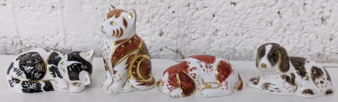 Four Royal Crown Derby paperweights, gold stoppers to include two cats and two dogs, Location: