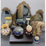 A mixed lot to include a trifold dressing table mirror, carved treen wall hanging, canteen of