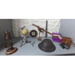 A mixed lot to include a WWI British Periscope dated 1917, Steel Brodie style helmet, spurs and