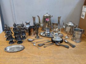 A mixed lot of silver, silver plate, pewter and other items to include a coffee and teapot, model of