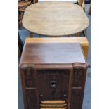 A gramophone/radio, an early 20th century oak drop leaf table, and a teak drop leaf table Location: