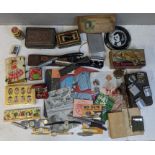 A mixed lot of collectables to include lighters, ephemera, cut throat razors, fruit knives,