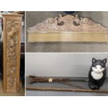 A mixed lot to include walking sticks, carved oak panels and large painted model of a cat Location: