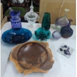 A mixed collection of glassware and studio glass to include Bohemian blue jug, Peter Layton style