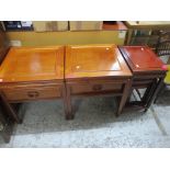 Two Chinese side tables with single drawer having carved incise handles, on square legs and shaped