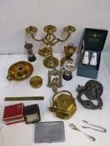 Brassware to include a Japanese teapot, a candelabra, a lamp, door knocker, and other items,