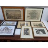 A group of etchings, prints, a watercolour, and a map of France to include an Edward Slocombe