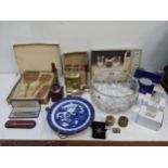 A mixed lot to include a silver pill box, compass in the form of a ships wheel, glassware and