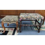 An early 20th century oak tapestry topped stool on bobbin turned supports 44cm h x 54cm w,