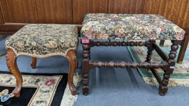 An early 20th century oak tapestry topped stool on bobbin turned supports 44cm h x 54cm w,