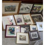 A selection of framed pictures to include a watercolour depicting a cottage, a Geoffrey Lanham