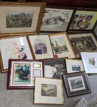 A selection of framed pictures to include a watercolour depicting a cottage, a Geoffrey Lanham