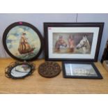 A mixed lot to include a painted relief wall plaque depicting a galleon in wooden frame, a print