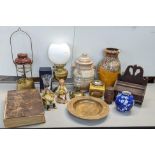 A mixed lot to include a Tillery Guardsman lamp, together with two oil lamps, a Rumtopf lidded