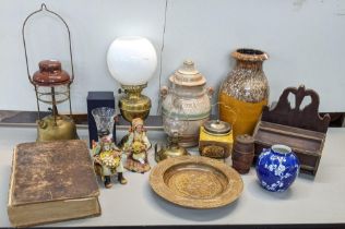 A mixed lot to include a Tillery Guardsman lamp, together with two oil lamps, a Rumtopf lidded