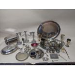 A quantity of silver plated items to include a WMF oval tray, gallery tray with a three-piece tea