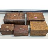 A group of late 19th/early 20th century work/jewellery boxes to include a walnut example having