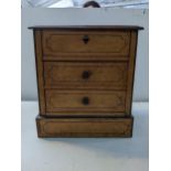 A two drawer birch collectors chest with a hinged lid and inlaid decoration, raised on plinth